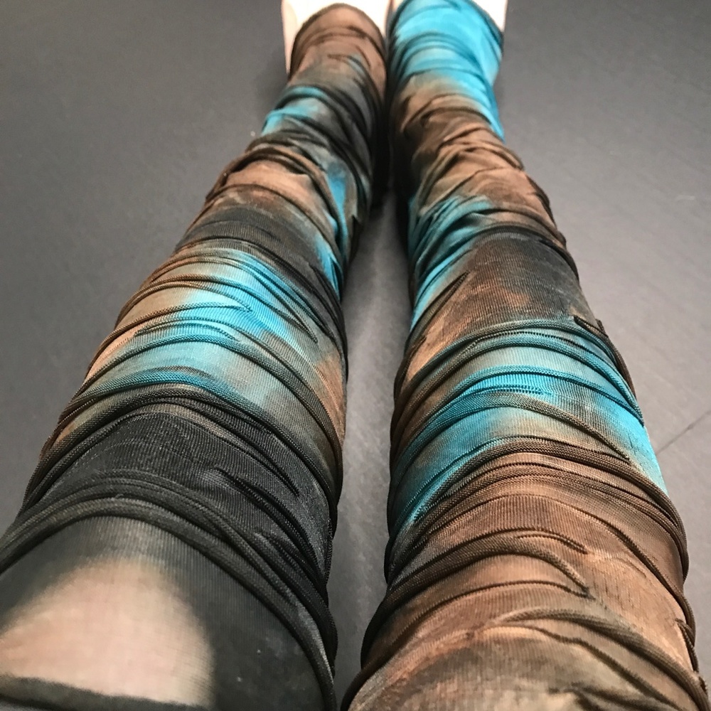 Womens Blue Mummy Leg Warmers Bandage Knee Socks Strappy Thigh Highs Brown Rave - Picture 5 of 6